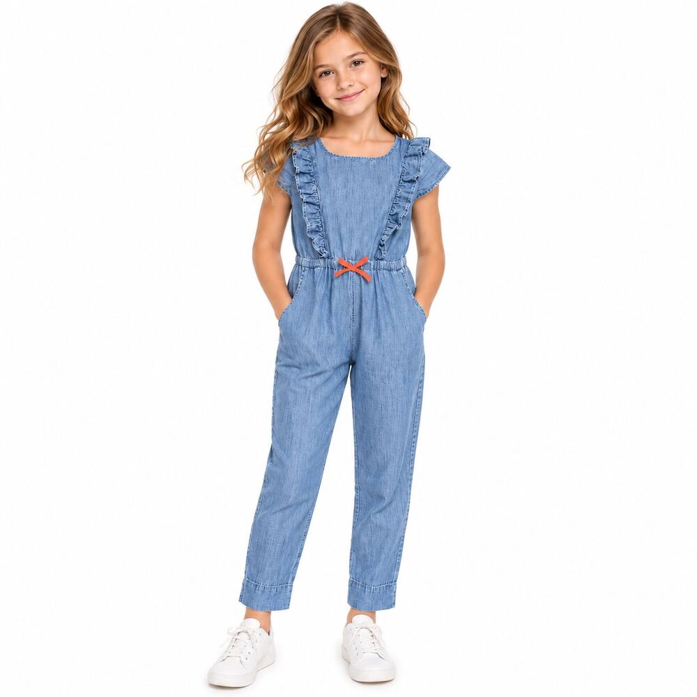 Mini Boden Girls 9-10 Blue Chambray Denim Jumpsuit Ruffle Cotton Straight Leg